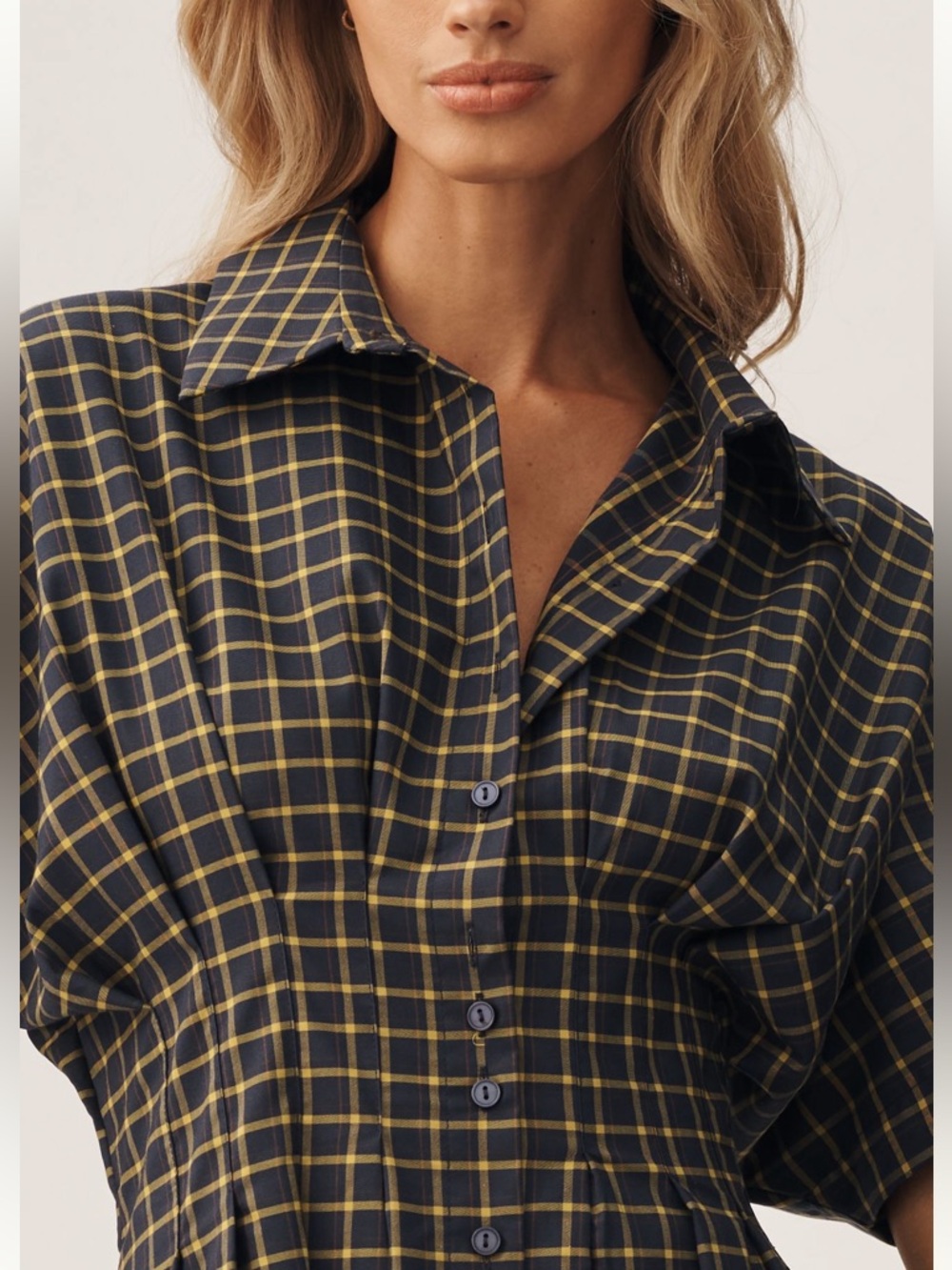 Exquise Tobie Collared Button-Down Mini Shirt Dress Anthropologie Navy Plaid NEW - Picture 4 of 15